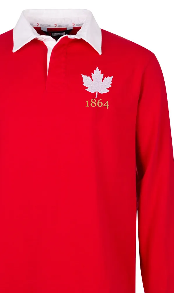Canada Rugby Classics A traditional cotton long sleeved rugby shirt in red with the Canadian Maple leaf embroidered on the chest on a white background