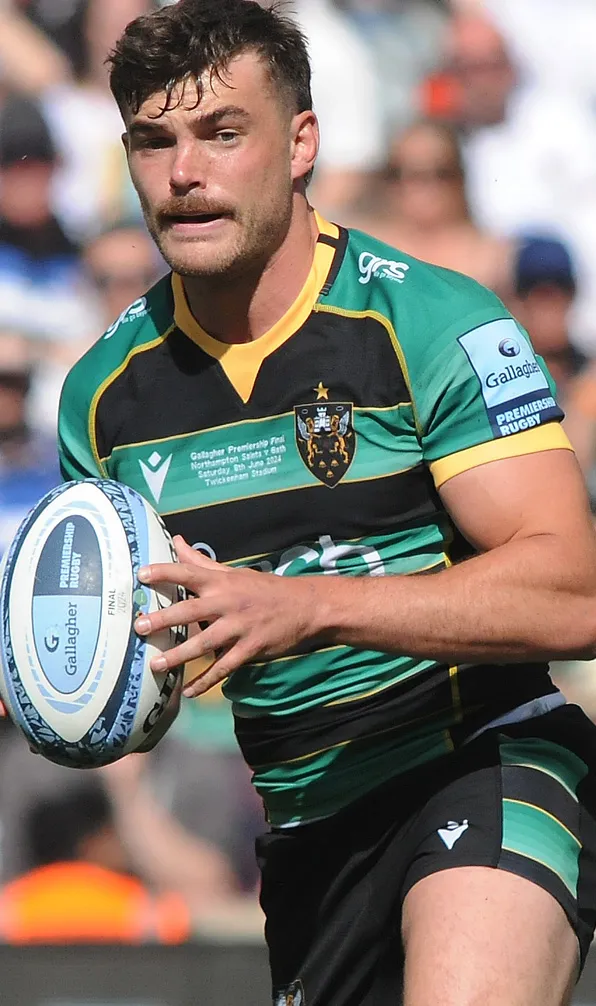 Pro Clubs Rugby Shirts Northampton Saints rugby player running with the ball during the Gallagher Premiership Final 2024