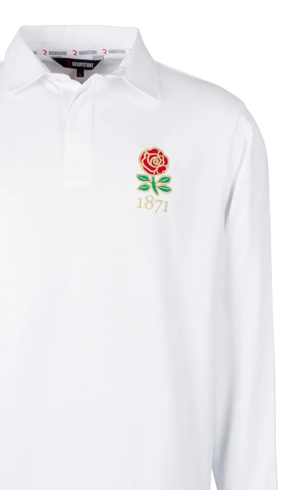 England Rugby Classics A classic white rugby shirt with the 1871 rose embroidered on the chest