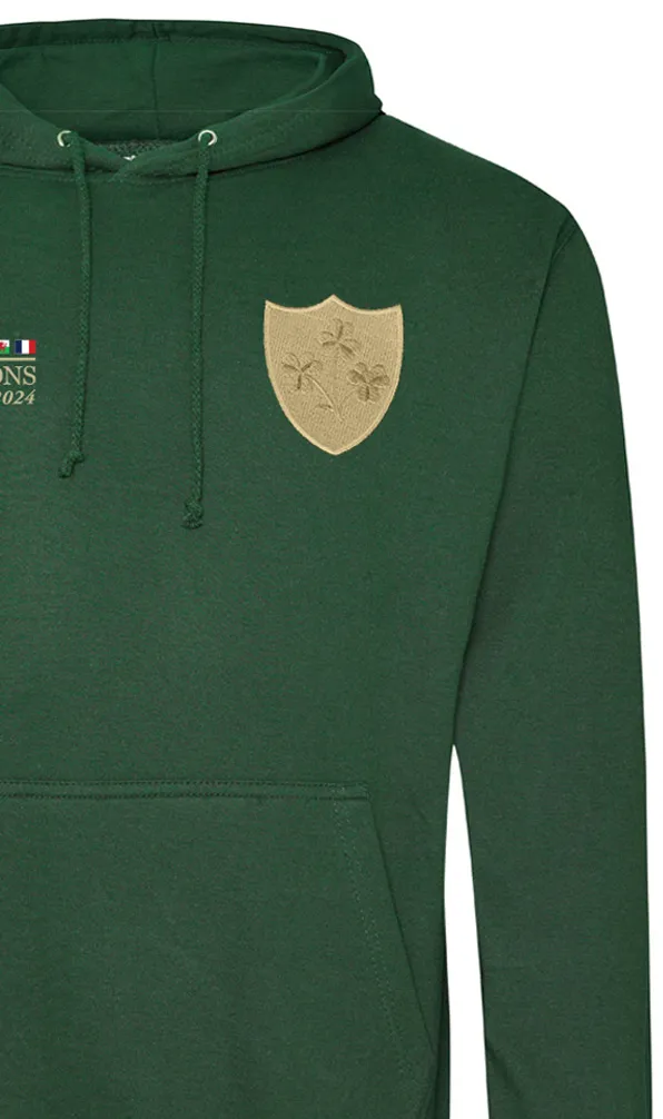 Ireland Champions 2024 A green hoodie with a celebratory gold crest to commemorate Ireland winning the 6 Nations in 2024