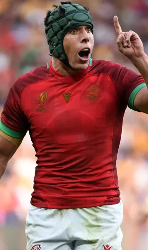 Portugal Rugby Portuguese player makes his feelings known by waving his finger whilst on pitch during the Rugby World Cup 2023