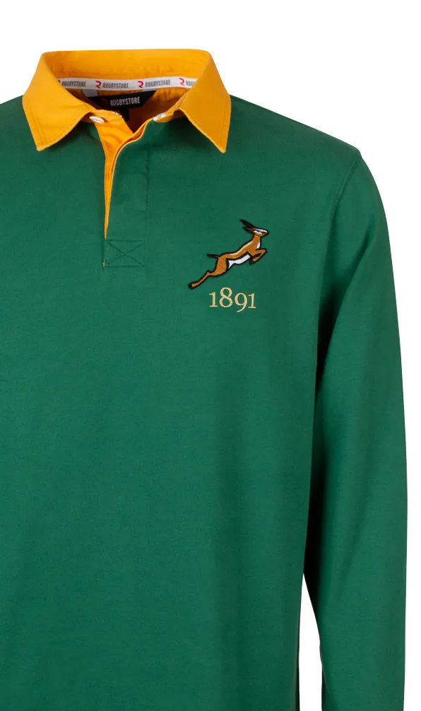 South Africa Rugby Classics A traditional rugby shirt in dark green with a contrast gold collar with the South African Springbok embroidered on the chest