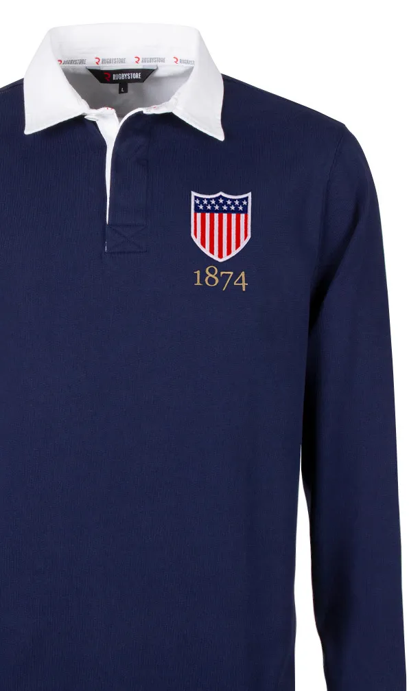 USA Rugby Classics A traditional navy rugby shirt with a white collar and USA crest embroidered on the chest