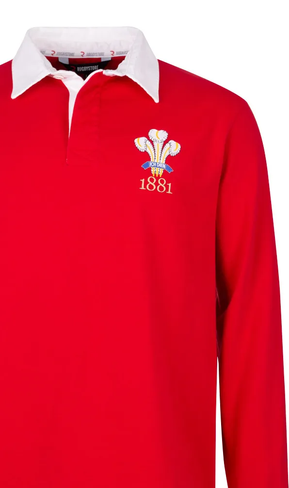 Wales Rugby Classics A classic red rugby shirt with a white collar and the Welsh feathers embroidered on the chest