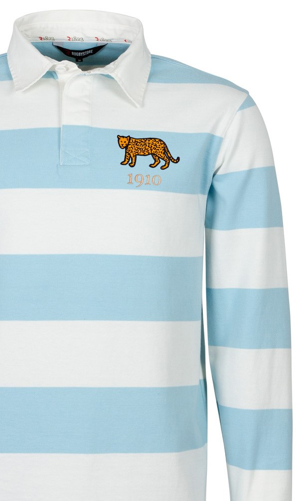 Argentina Rugby Classics A traditional sky blue and white striped rugby shirt on a white background with the Argentinan Puma embroidered on the chest.
