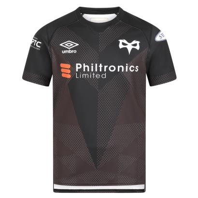 Umbro Mens Ospreys Home Rugby Shirt - Black Short Sleeve - Front